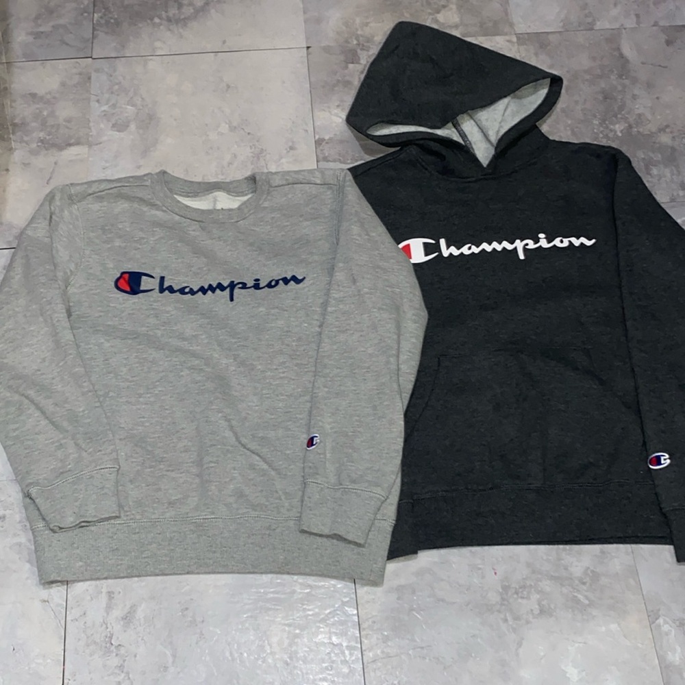 Bundle of champion hoodie sweatshirt big boy or big girl size medium 10y gray